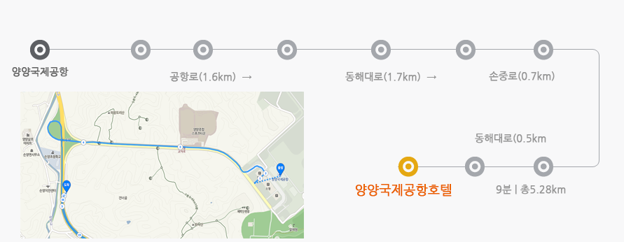 김포공항 - 개화동로(2.7km) - 올림픽대로(6km) - 내부순환로 (13.3km) - 호텍빅토리아(약 37분 / 총 28.76km)